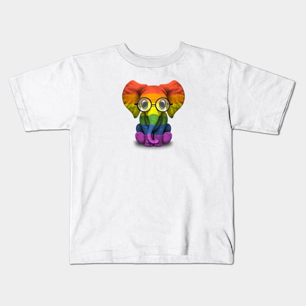 Baby Elephant with Glasses and Gay Pride Rainbow Flag Kids T-Shirt by jeffbartels